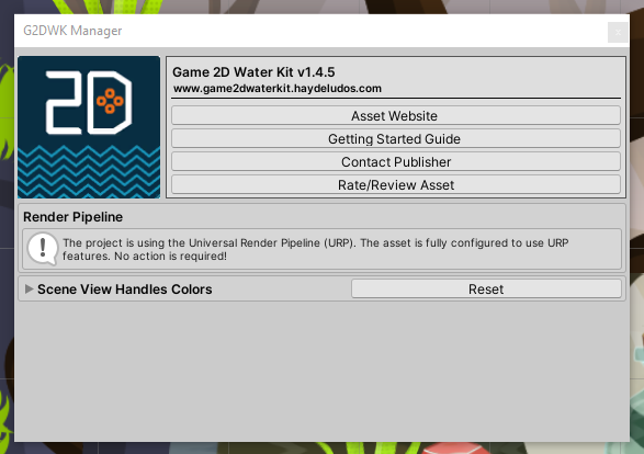 Game 2D Water kit Asset Manager Window Configured To URP