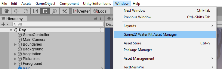 "Game 2D Water kit Asset Manager Window Menu"