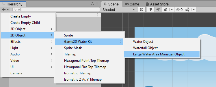 Create 2D Large Water Area Object from the Hierarchy's Create menu
